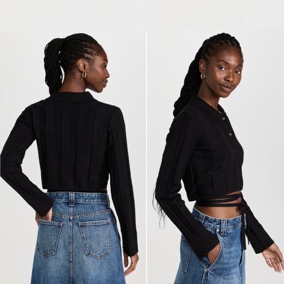 Something Navy Cropped Ribbed Button Up Sweater w/ Strappy Waist Tie in M/Medium - Picture 3 of 8